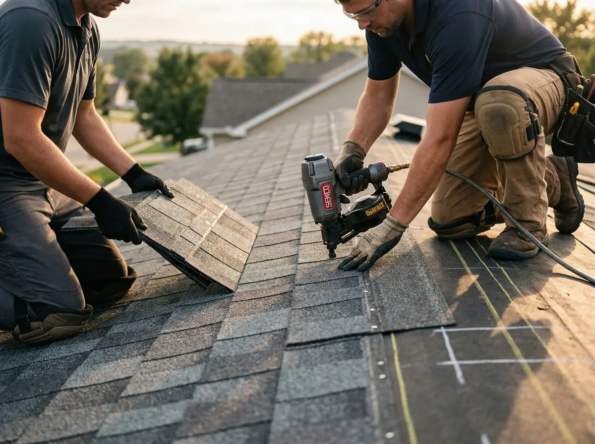 Professional roofer working on a residential roof in Mason City